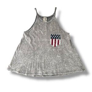 American Rag Tank Top Women XS Gray Tie Dye American Flag Flowy Patriotic Summer